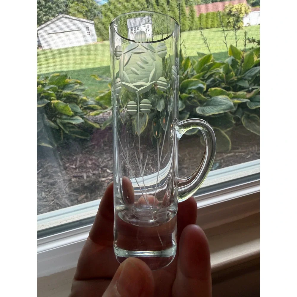 Vintage Etched Floral Cordial Glasses Set of 4 Tall Handled Liqueur Glasses